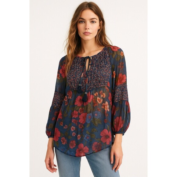 Daniel Rainn Tops - Daniel Rainn XS Boho Floral Tunic Blouse Tie Neck Long Sleeve
